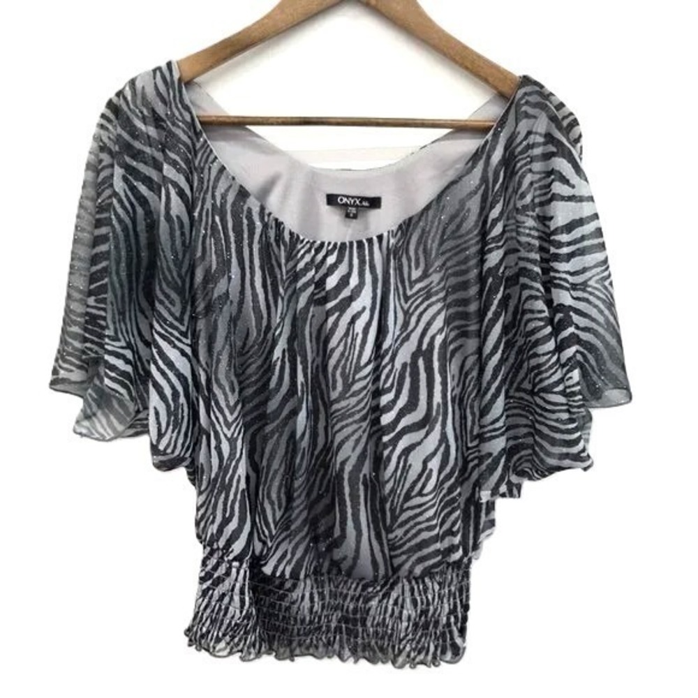 Onyx Nite Zebra Print Glittery Blouse Flutter Sleeve Womens Size S Sheer Glam
